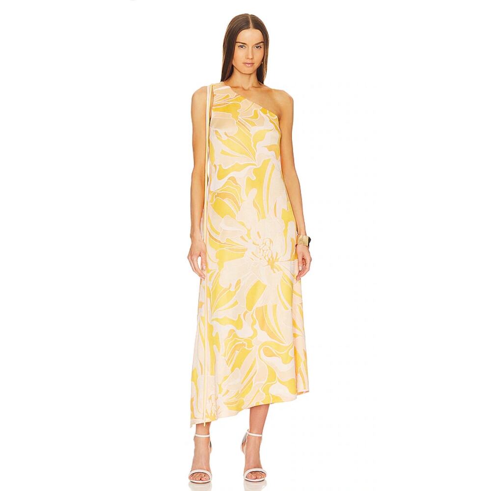 ALEXIS Brave Dress Sunlight One Shoulder Tie Printed Midi Dress Size Medium Lux